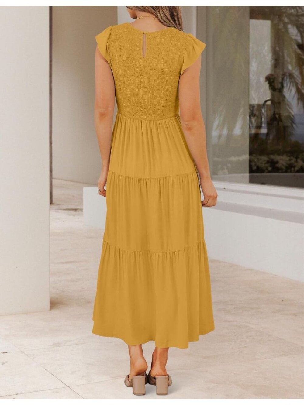 〽️Women’s Ginger Flutter Sleeve Smocked Midi Dress Boho Tiered Summer Style - Picture 5 of 6